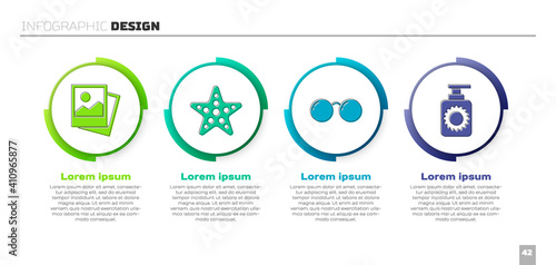 Set Photo, Starfish, Glasses and Sunscreen spray bottle. Business infographic template. Vector.