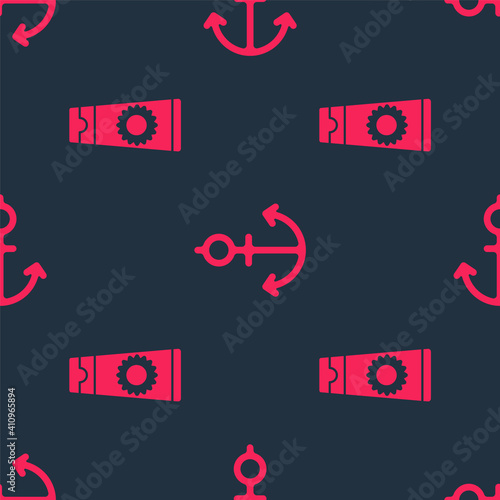 Set Sunscreen cream in tube and Anchor on seamless pattern. Vector.