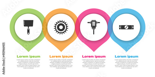 Set Putty knife, Circular saw blade, Electric rotary hammer drill and Construction bubble level. Business infographic template. Vector.