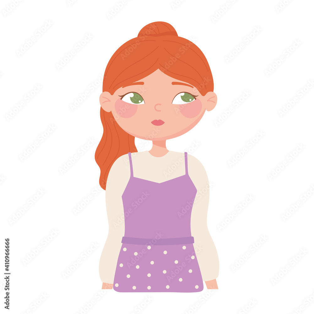 portrait woman cartoon with hair ponytail