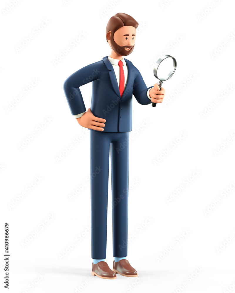 3D illustration of cute smiling man looking through a magnifying glass and searching for information. Cartoon bearded exploring businessman holding a magnifier, isolated on white. 3D illustration of cute smiling man looking through a magnifying glass and searching for information. Cartoon bearded exploring businessman holding a magnifier, isolated on white.