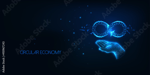 Futuristic circular economy concept with glowing low polygonal human hand holding infinity sign