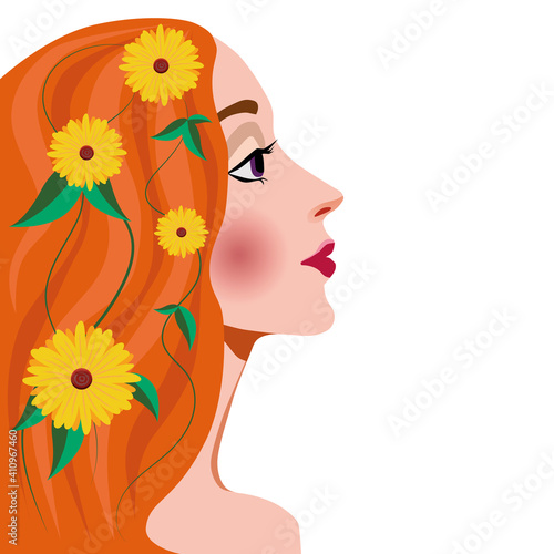 Redhead Girl with Flowers in Hair. Face of a Beautiful Woman in Profile. Decoration for a Beauty Salon or Fashion Boutique and Cosmetics.