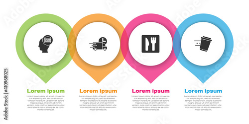 Set Online ordering and delivery, Fast by car, Cafe restaurant location and Coffee cup to go. Business infographic template. Vector.