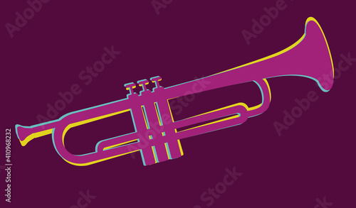 Trumpet is brass instrument used in classical and jazz music ensembles. Simple vector design