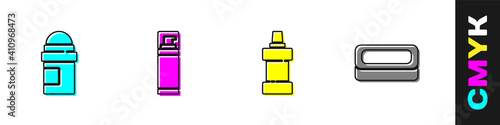 Set Antiperspirant deodorant roll, Shaving gel foam, Bottle for cleaning agent and Bar of soap icon. Vector.