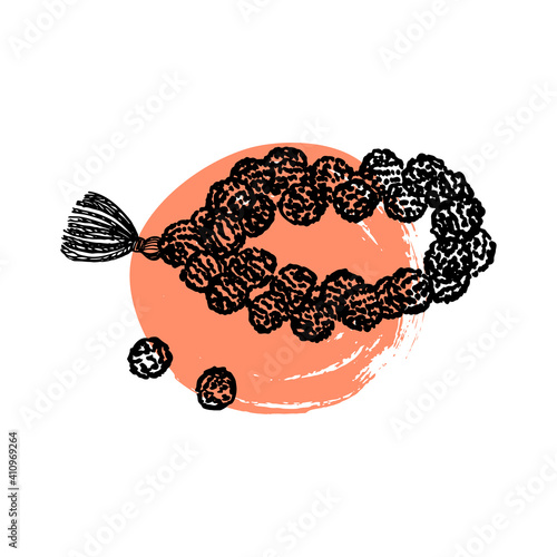 Rudraksha rosary. Short beads, bracelet for prayer, mantra, japa. Rolled up rosary. With an orange background. Hand-drawn. Doodle, sketch, icon. Vector illustration for design.