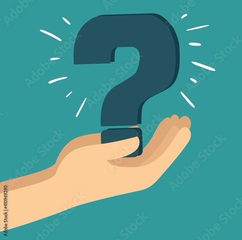 Hand holding question mark. Vector illustration in the flat style