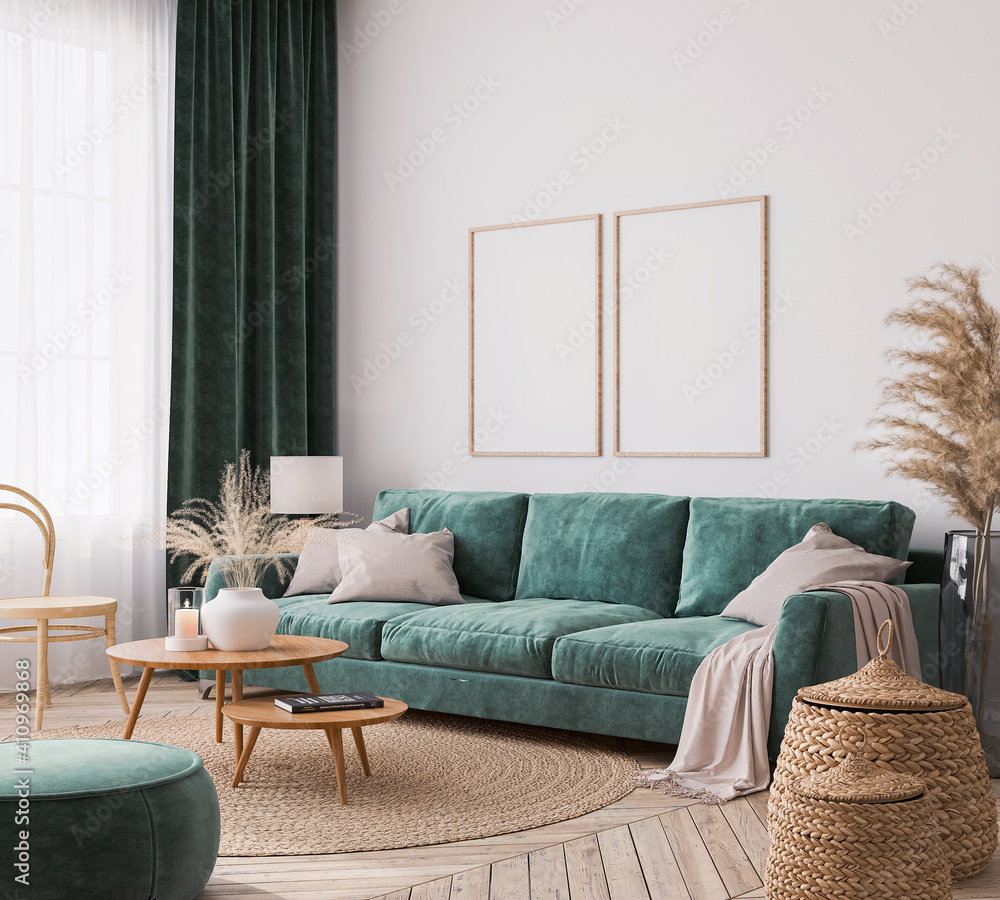 Home interior design with green sofa, wooden table and trendy decoration in  white living room, frame mock-up, 3d render Stock-illustration | Adobe Stock