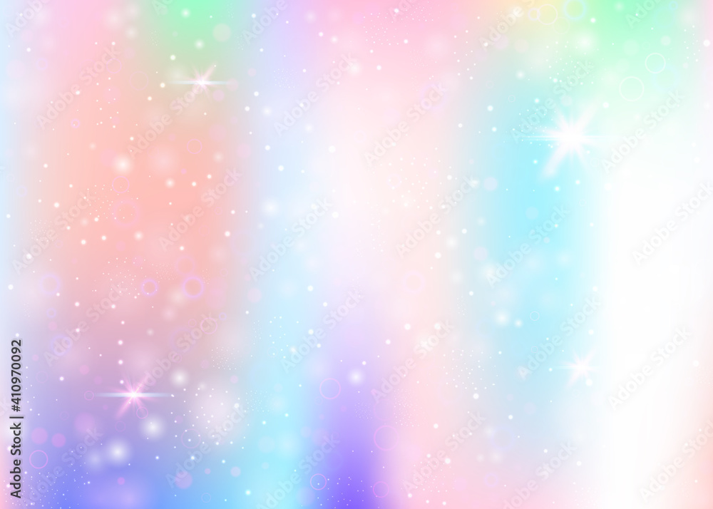 Fototapeta Hologram background with rainbow mesh. Girlish universe banner in princess colors. Fantasy gradient backdrop. Hologram magic background with fairy sparkles, stars and blurs.