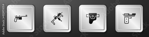 Set Mauser gun, MP9I submachine, Gun holster and Pistol or icon. Silver square button. Vector.