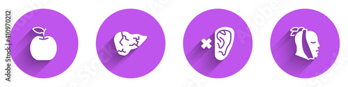 Set Apple, Hepatitis virus, Deaf and Toothache icon with long shadow. Vector.