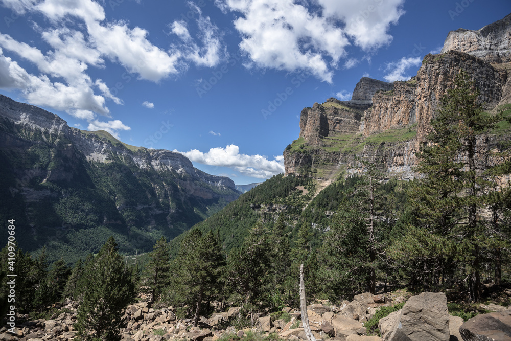 Punta Gallinero mountain as seen from Circa de Cotatuero high trail above Ordesa valley, Ordesa and Monte Perdido National Park, Pyrenees of Huesca, Aragon, Spain.