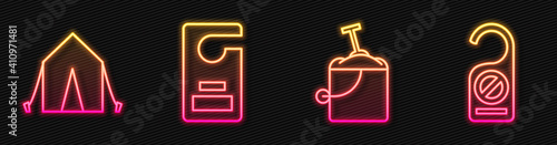 Set line Sand in bucket with shovel, Tourist tent, Please do not disturb and Please do not disturb. Glowing neon icon. Vector.