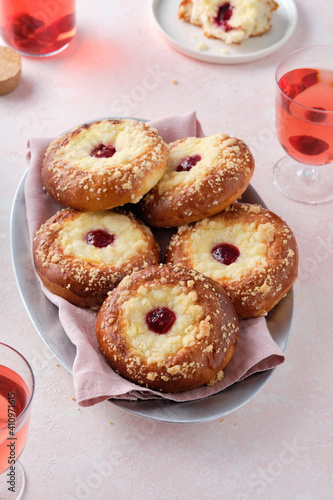 Brioche buns with cottage cheese and jam.