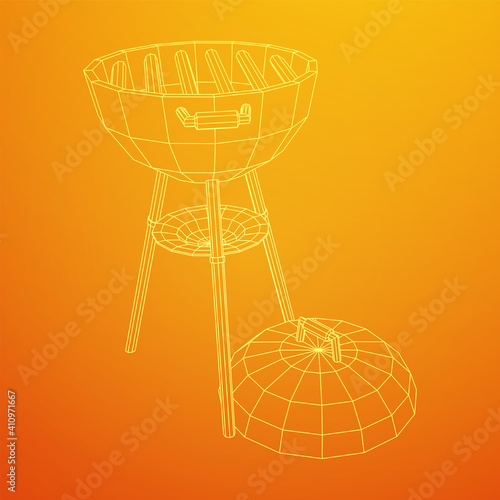 Round barbecue grill. Outdoor bbq party. Wireframe low poly mesh vector illustration
