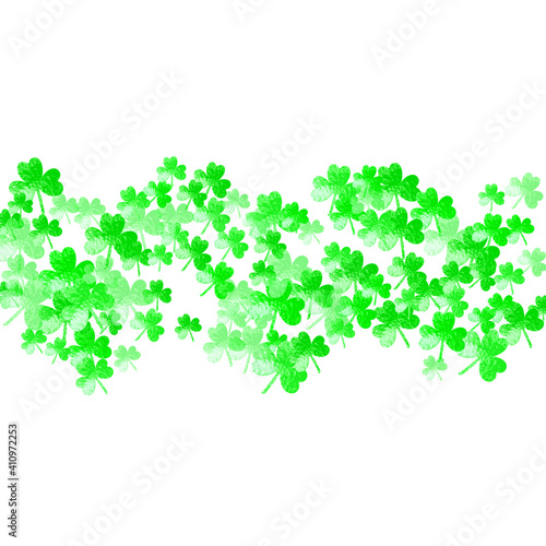 St patricks day background with shamrock. Lucky trefoil confetti. Glitter frame of clover leaves. Template for voucher, special business ad, banner. Dublin st patricks day backdrop.