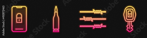 Set line Barbed wire, Mobile with closed padlock, Bullet and Car key with remote. Glowing neon icon. Vector.
