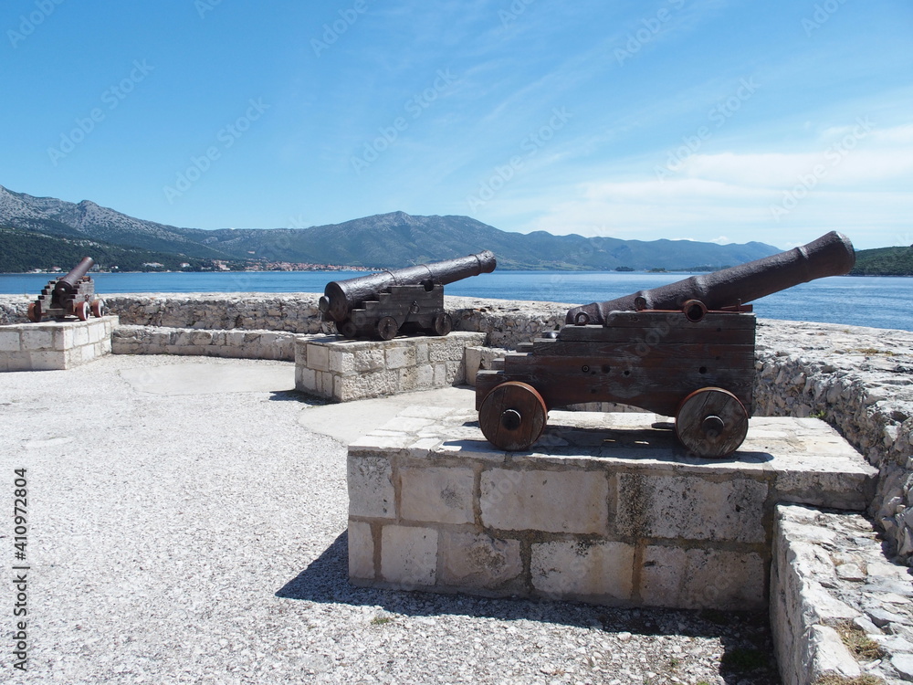 Medieval cannons on the bank promenade of Korcula, Croatia