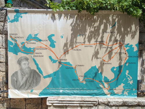 board with the travels of Marco Polo, Korcula, Croatia