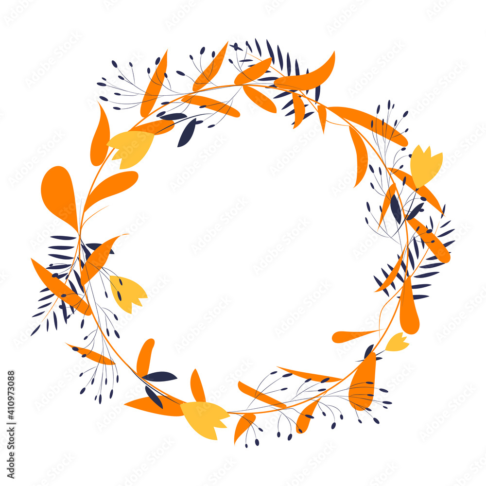 Fototapeta Cute bright wreath frame with flowers and branches in orange tones. Botanical floral design element in vector for invitations, postcards, posters.