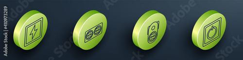 Set Isometric Lightning bolt, Electrical outlet, Electrical outlet and Electric light switch icon. Vector.