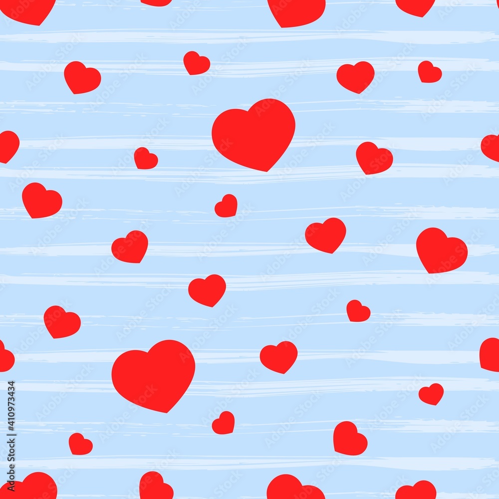 Valentines heart Seamless pattern with red shape, texture stripes on blue. Holiday background. Love concept. For crafting, wallpaper, gift box, scrapbooking, clothes fabric textile Vector