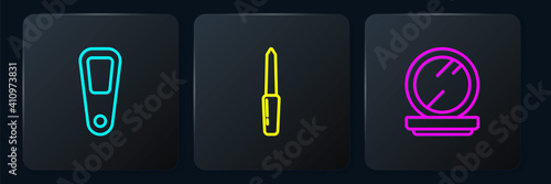 Set line Hand mirror, Makeup powder with and Nail file. Black square button. Vector.