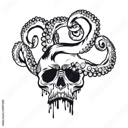 Dead head with tentacles tattoo template. Monochrome element with octopus in pirate skull and leaking blood vector illustration. Sea life concept for symbols and emblems design