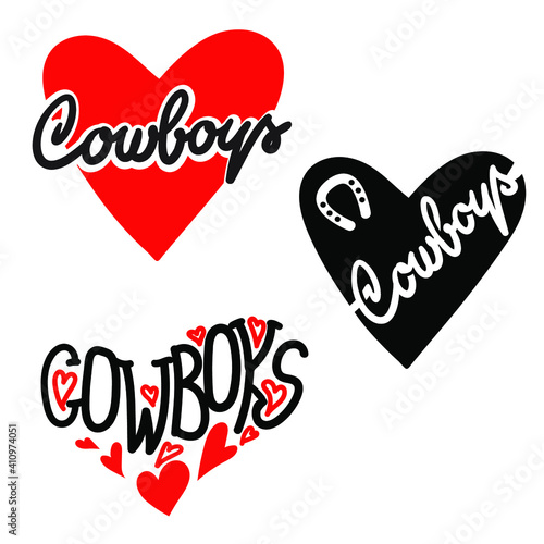Cowboy Country love heart for cards or symbol Valentins day. Vector set love hearts with cowboy text illustration isolated on white background for design.