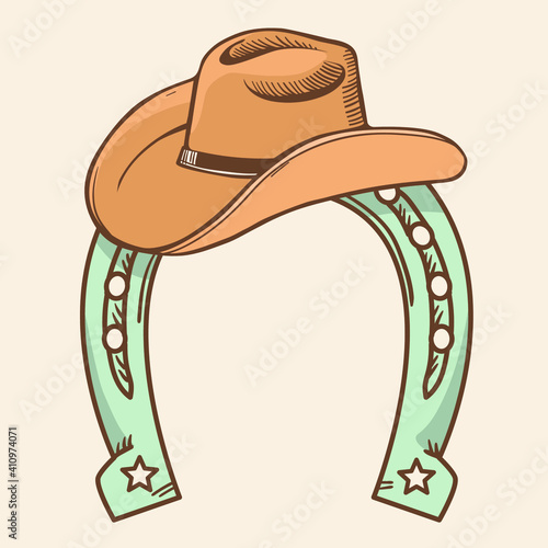 Cowboy hat and horseshoe symbol Rodeo. Vector color illustration cowboy stuff for deign isolated