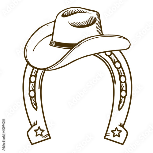 Cowboy hat and horseshoe symbol Rodeo. Vector color illustration cowboy stuff for deign isolated