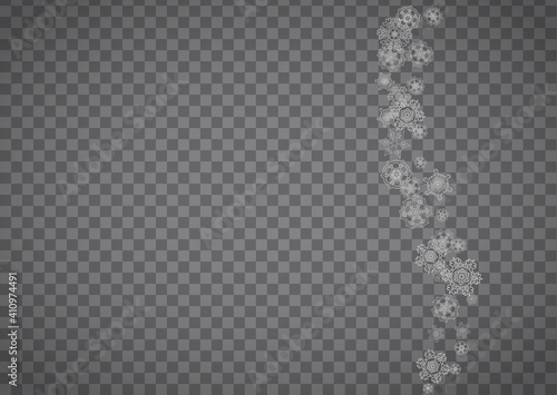 Isolated snowflakes on transparent grey background. Silver glitter snow. Horizontal Christmas and New Year design for party invitation, banner, sale. Winter window. Magic crystal isolated snowflakes