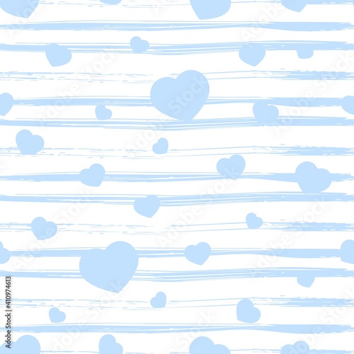 Seamless pattern with blue heart, texture stripes on white. Valentine s day background. Love concept. For wallpaper, gift box, scrapbooking, clothes fabric textile