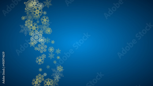 New Year snow on blue background. Gold glitter snowflakes. Christmas and New Year snow falling backdrop. For season sales  special offers  banner  cards  party invite  flyer. Horizontal frosty winter.