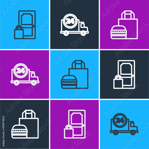 Set line Online ordering and delivery, burger and Fast by car icon. Vector.