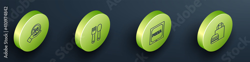Set Isometric Clock 24 hours, Fork and spoon, Pizza in cardboard box and Online ordering burger delivery icon. Vector.