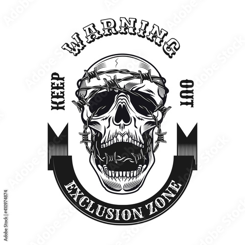 Execution zone tattoo design. Monochrome element with skull and barbed wire vector illustration with text. Danger or defense concept for emblems and labels templates
