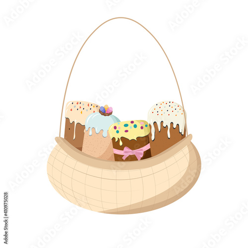 Basket with Easter cakes, sweets. Spring attributes. Vector illustration for postcards, posters, advertisements, stores