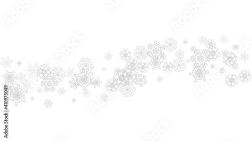 Snowflakes falling on white background. Horizontal Christmas and Happy New Year theme. Silver falling snowflakes for banner, gift card, party invitation, partner compliment and special business offers