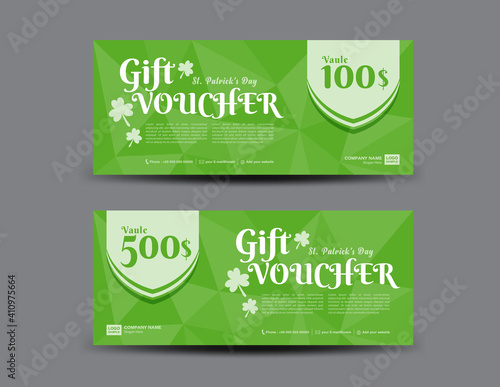 St. Patrick's Day Gift voucher card, Green Gift Voucher template, coupon design, certificate, ticket template, discount card, sale banner design, Voucher design,  vector illustration