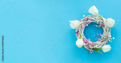 spring floral composition, white tulips and gypsopfila on blue background.