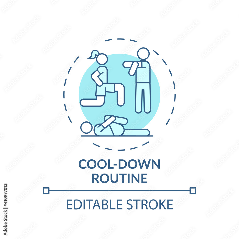 Cool-down routine concept icon. Home physical training tip idea thin line illustration. Alleviating excessive muscle soreness. Vector isolated outline RGB color drawing. Editable stroke Cool-down routine concept icon. Home physical training tip idea thin line illustration. Alleviating excessive muscle soreness. Vector isolated outline RGB color drawing. Editable stroke