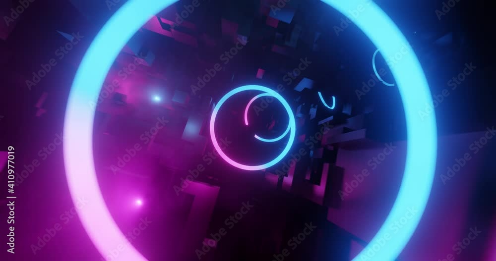 Neon Cyber City Race loop. Flyby inside a huge abstract dark city in the night with neon lighting and lens flares. Perfect for VJs loops, Backgrounds, Projections, Nightclubs, LED. 3D render, 4K loop