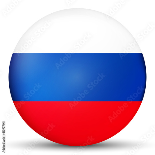 Glass light ball with flag of Russia. Round sphere, template icon. Russian national symbol. Glossy realistic ball, 3D abstract vector illustration highlighted on a white background. Big bubble.