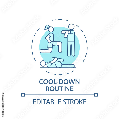 Cool-down routine concept icon. Home physical training tip idea thin line illustration. Alleviating excessive muscle soreness. Vector isolated outline RGB color drawing. Editable stroke