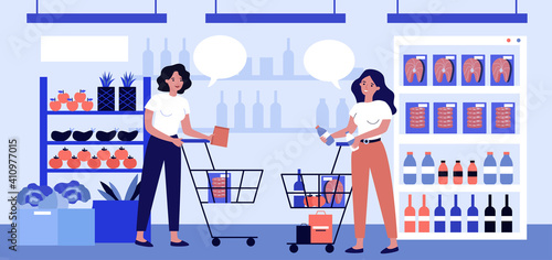 Two women talking in supermarket and choosing products. Food, cart, retail flat vector illustration. Consumerism and shopping concept for banner, website design or landing web page