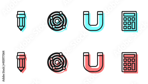 Set line Magnet, Pencil with eraser, Solar system and Calculator icon. Vector.