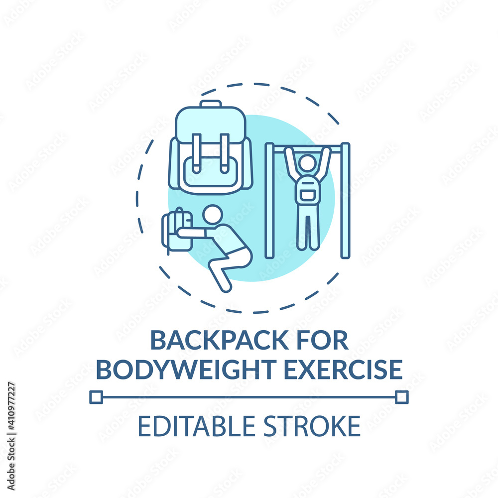Backpack for bodyweight exercise concept icon. Gym alternative idea thin line illustration. Calorie burning. Improving cardio endurance. Vector isolated outline RGB color drawing. Editable stroke Backpack for bodyweight exercise concept icon. Gym alternative idea thin line illustration. Calorie burning. Improving cardio endurance. Vector isolated outline RGB color drawing. Editable stroke