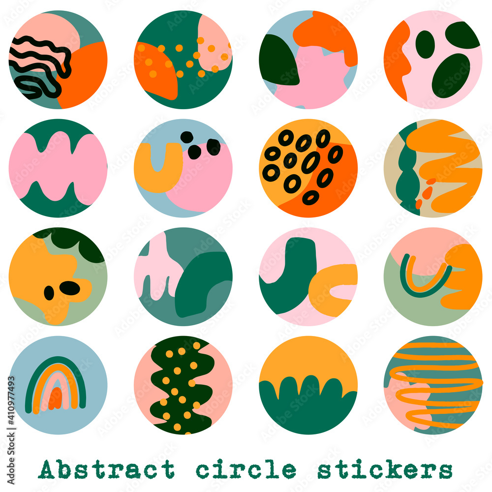 Abstract bright round sticker or stories cover. Set of 16 circle designs with different shapes Abstract bright round sticker or stories cover. Set of 16 circle designs with different shapes